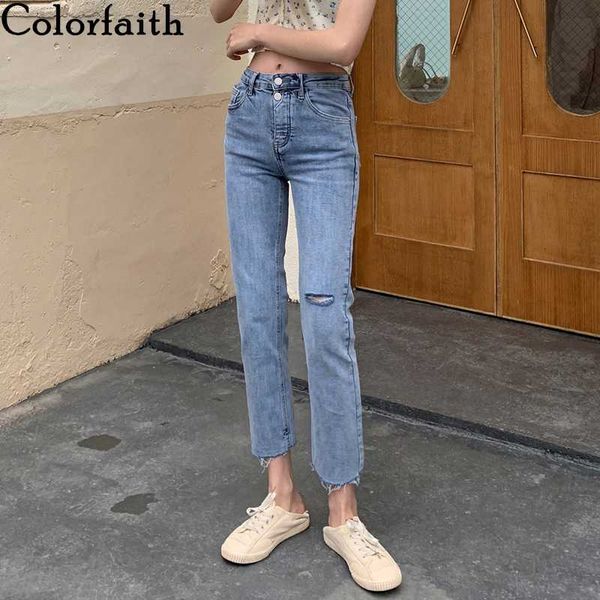 

colorfaith new 2020 women summer jeans high waist casual trousers straight denim ripped tassel streetwear ankle-leng pants j8059, Blue