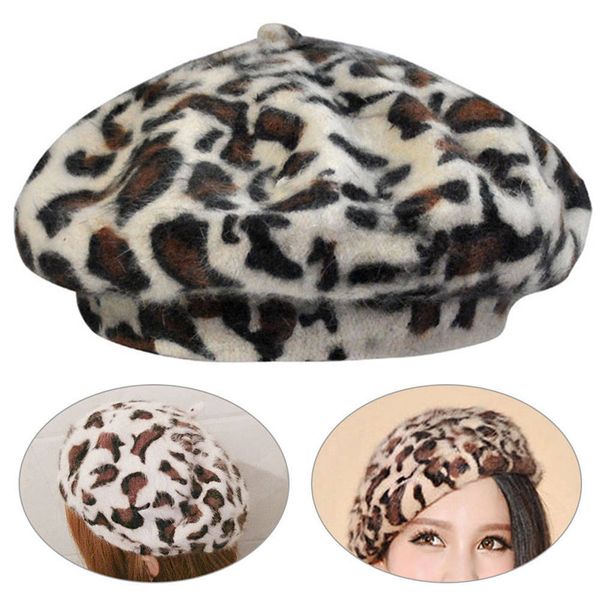 

leopard warm wool spring autumn winter women french artist beanie beret hat female beret hat, Blue;gray