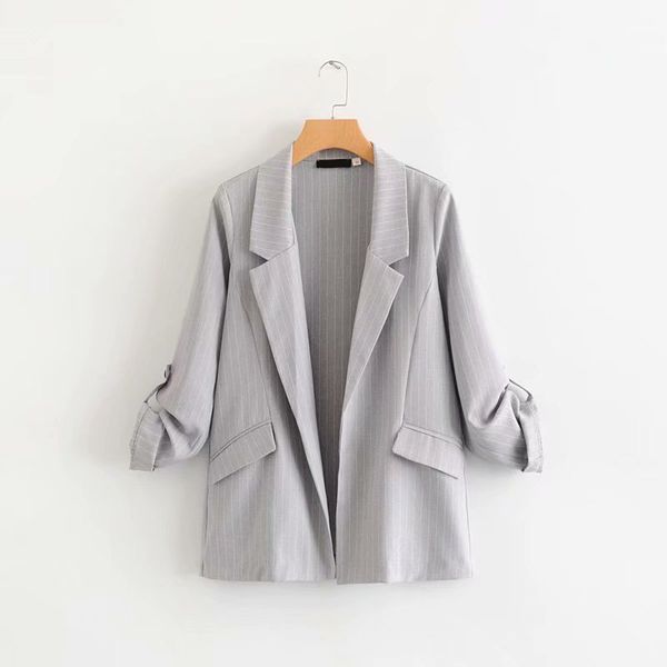 

women blazer casual striped loose blazers jacket ladies flap pockets open stitch notched adjustable sleeve blaser mujer, White;black