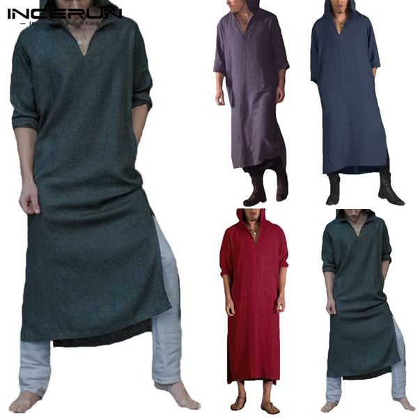 

2019 robe mens hoodies hiphop robe dressing harajuku kaftan long sleeve cotton v nevk islamic muslim clothing gown kurta suit, Black