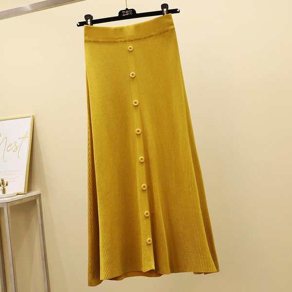 

new 2019 autumn korea fashion women high waist a-line long skirt all-matched casual single-breasted design knit skirts s231, Black
