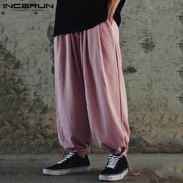 

incerun street caual men solid color elastic waist harem pants baggy joker fashion wide trousers comfort joggers mens sweatpants, Black