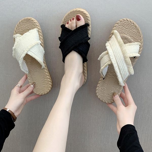 

low loafers shoes woman 2020 slippers flat slides slipers women soft new rome cotton fabric rubber basic, Black