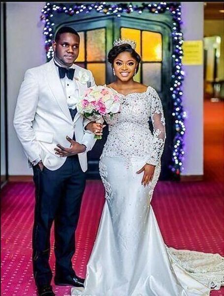 

plus size wedding dresses bateau mermaid long sleeves sweep train beaded applique lace bridal gowns custom made african wedding dresses, White