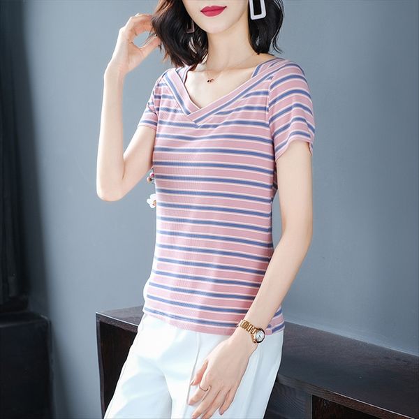 

2020 boutique v-neck stripe all-match t-shirt fresh and sweet knitted 2020 boutique women's v-neck stripe all-match women's t-shir, White