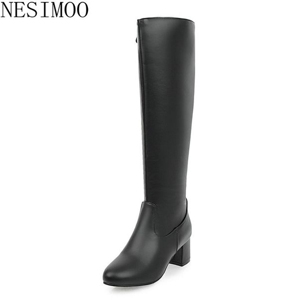 

nesimoo 2019 fashion women boots round toe square med heel pu leather zipper basic black all match ladies shoes size 34-39