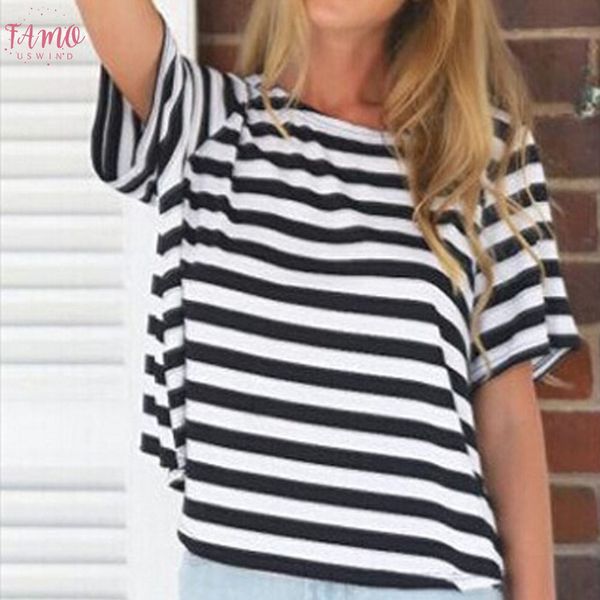 

newly summer new fashion womens european style striped back cross backless short sleeve striped t shirt drop shipping, White