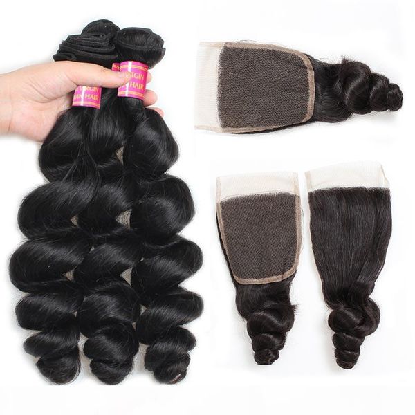 

brazilian loose wave bundles with closure brazilian loose wave with 4x4 lace closure unprocessed virgin human hair weave, Black