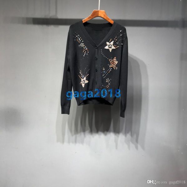 

high end женщины девушки свитер с длинным рукавом ткань вязание кардиган с бисером звезды рубашка тройники вязать топ пуловер женский жаккар, White;black