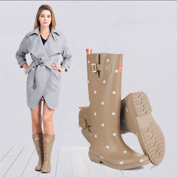 

Горячие Продажи-Дождевые Сапоги Печати Горошек Женские Резиновые Каблуки Теленк