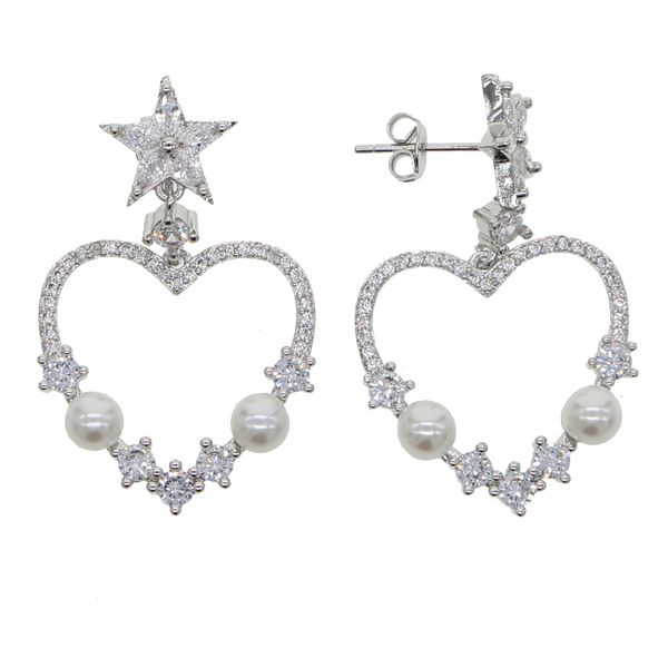 

white cz star with sea pearl hollow heart lovely dangle earring gold silver color trendy women lover gift jewelry