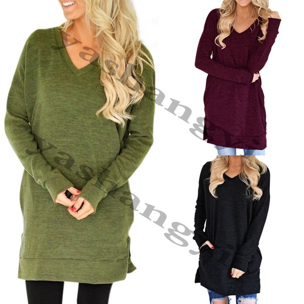 

medium length paragraph v collar long sleeves shirt female dress t shirts, Black