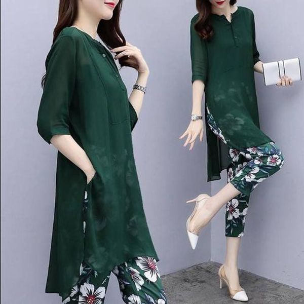 

temperament loose two piece set and pants chiffon split summer costumes for women casual high waist two piece set summer, White