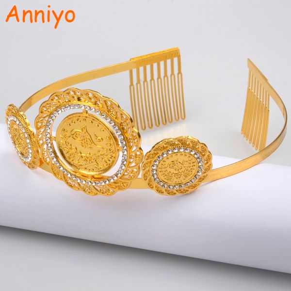 

anniyo gold color turkey coin hairband for women wedding hair accessories headpieces jewelry arab middle east crown gift #059306, Golden;white