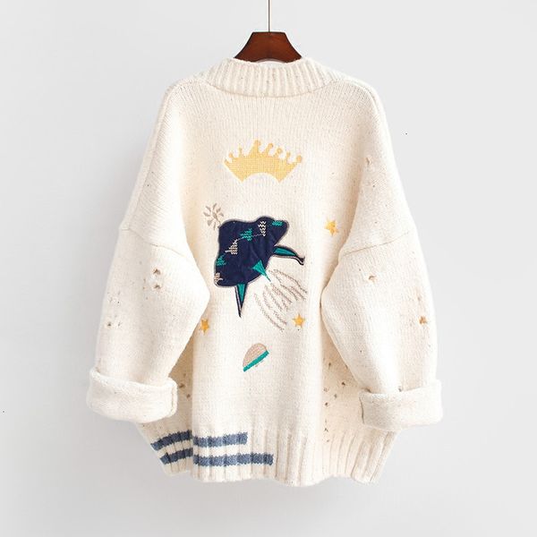 

designer sweater autumn regular winter women sweater cardigans cartoon embroidery poncho single breasted knit sweater harajuku out top, White;black