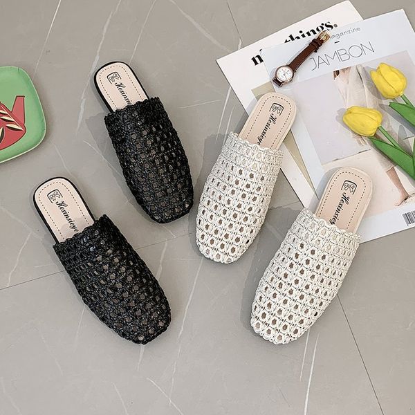 

2020 summer new hollow flat bottom baotou slippers female korean casual wear ladies half slippers, Black