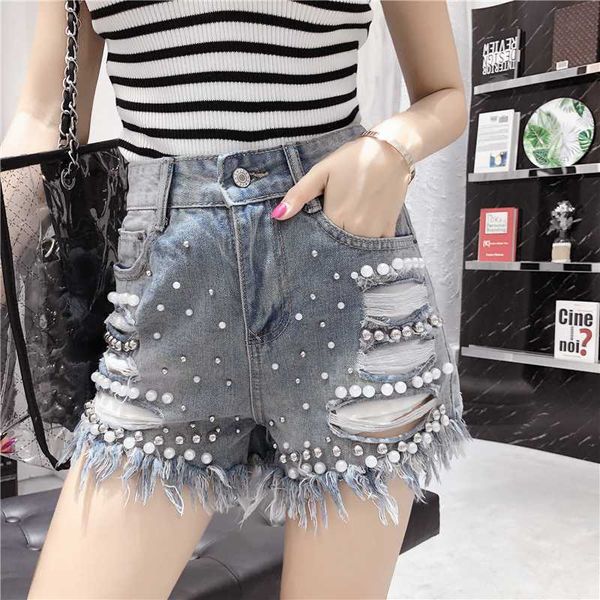 

new broken high waist beaded beaded rivet wide leg denim shorts, White;black