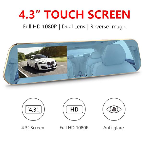 

full hd 1080p car dvr camera auto 4.3 inch rearview mirror digital video recorder dual lens wide angle reversing parking monitor