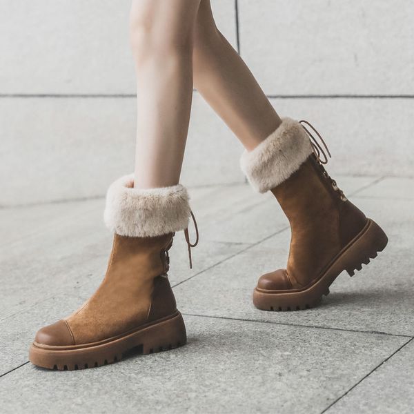 

women boots warm winter lace-up flat with women shoes female cow suede ankle boot botas mujer plush ladies snow boots, Black