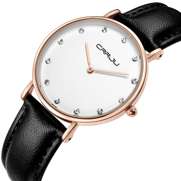 

crrju quartz fashion rhinestone women ultra-thin dress watches luxury classical lady leather strap wristwatch relogio feminino fhhdf, Slivery;brown