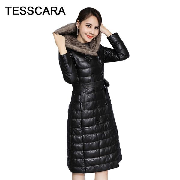 

women winter long hooded jacket coat warm belt slim stripe pu feather coats new black plus size female outwear office clothing