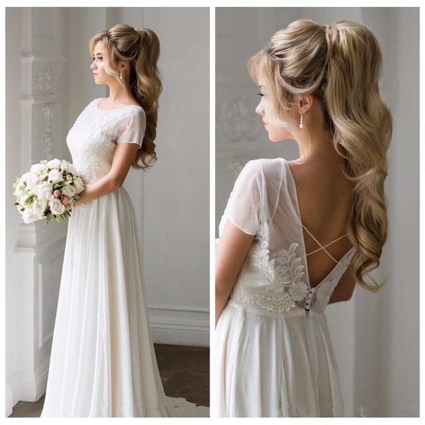 

2020 summer casual beach wedding dresses cross back floral appliques lace chiffon floor length vestidos de noiva bridal gowns custom size, White