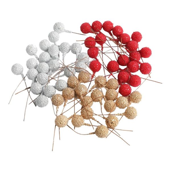 

100 pieces holly berries artificial craft berry stems on wire for christmas tree decorations (red, silver and gold