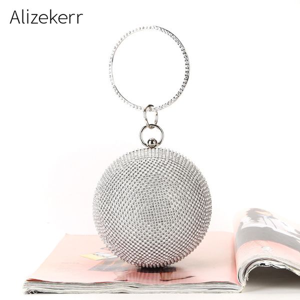 

rhinestone circular evening bags women handmade ring handle diamond dinner evening clutch bags crystal female dinner party purse