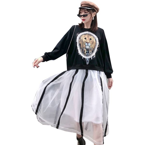 

qing mo spring women lion printed dress 2020 women mesh patchwork dress female streetwear loose zqy2751, Black;gray
