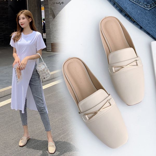

slippers metal decoration square toe solid slip on mules woman loafers shoes women flip flops cover low heels slides 2021, Black