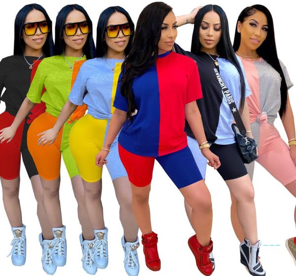 

Для женщин Цвет Блок Лоскутная 2 шт Эпикировка с коротким рукавом пуловер Лучшие футболки + высокая талия Байкер шорты Брюки Установить Tracksuit S-3XL WF515