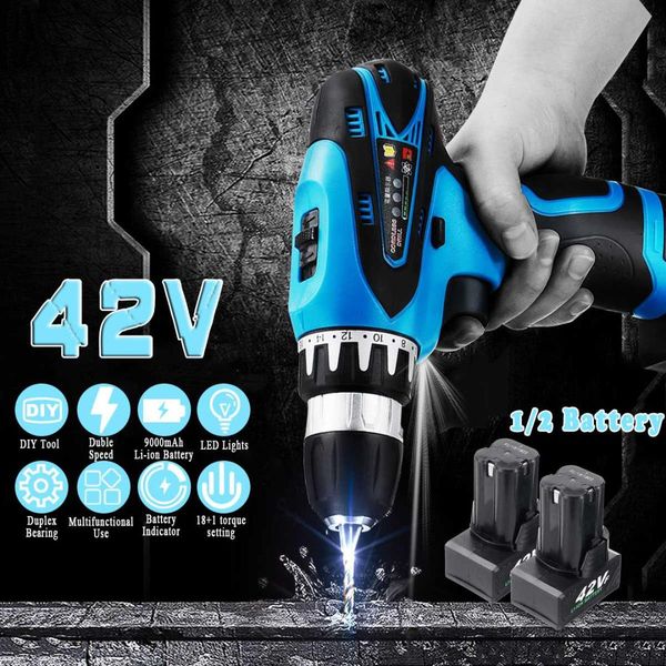 

adjustment 2-speed torque 42v cordless drill rechargeable electric drill screwdriver led lighting with1/2 battery power tools