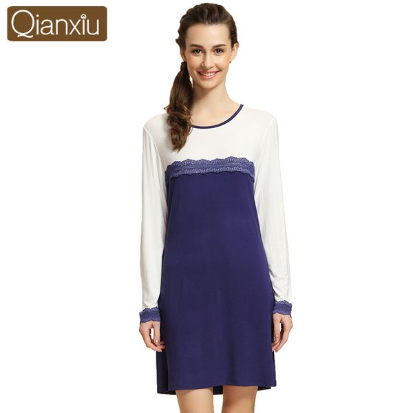 

2019 summer plus size sleepshirt female sweety lace dresses ladies modal nightgown women round collar long sleeve sleeping dress, Black;red