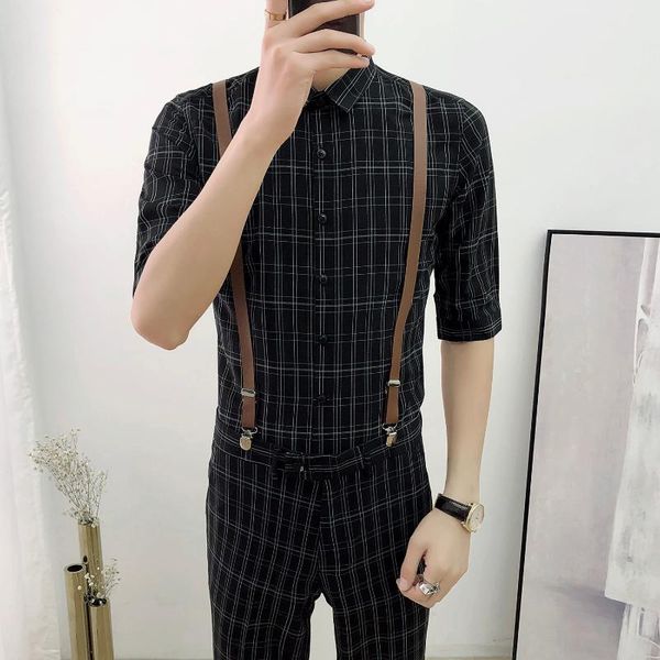 

traje novio 2020 casual slim fit plaid half sleeve shirt nine pants suit men suit business tuxedos men shirt 2-piece, White;black