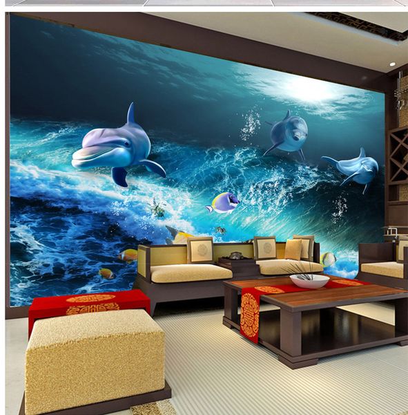 3D-Tapete, 3D-Meereswelt, drei Delphine, Fische, Wohnzimmer, Schlafzimmer, Hintergrund, Wanddekoration, Wandbild, Tapete