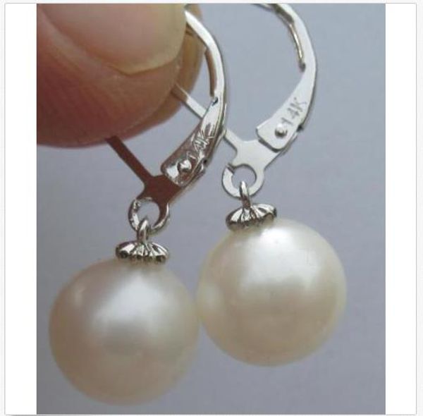 

round 10-11mm white south sea cultured pearl earrings 14k white gold hoop, Silver