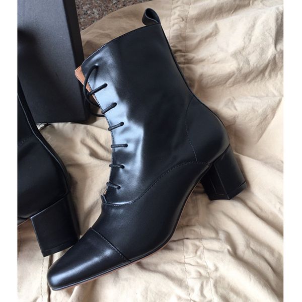 

new style black women ankle boots genuine leather lace-up chunky heel q60