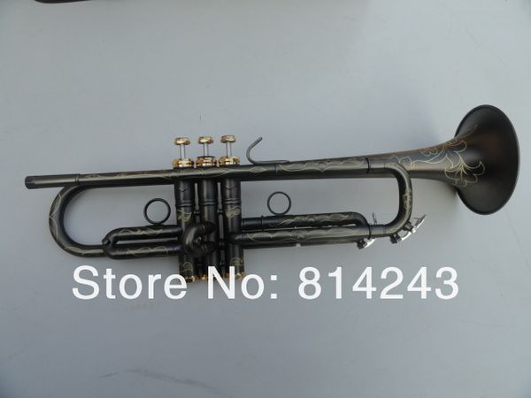 Nova Chegada Despanhante Unique Matte Preto Níquel Banhado Superfície Brass BB Trombeta Instrumento Musical Requintado Padrões de Escultura BB Trompete
