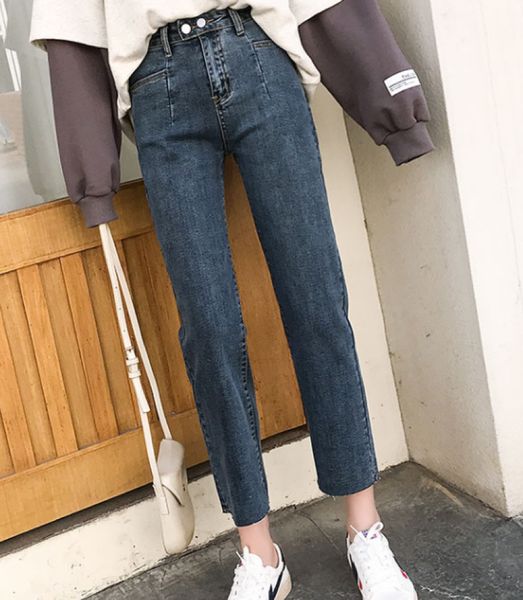 

navy blue straight jeans women slightly flared trousers