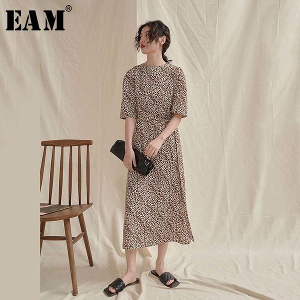 

eam] women yellow leopard printed long dress new round neck half sleeve loose fit fashion tide spring summer 2020 1u880, White;black