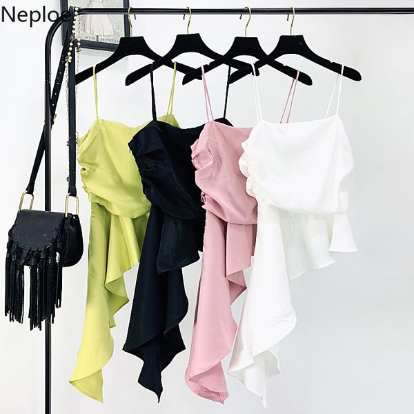 

neploe women camis 2020 summer irregular hem sleeveless tank slash neck backless t-shirt femme solid clothes 52166, White
