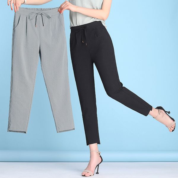 

summer women harem pants 2020 plus size 4xl casual trouers cotton linen loose female drawstring solid color anklet length capris, Black;white