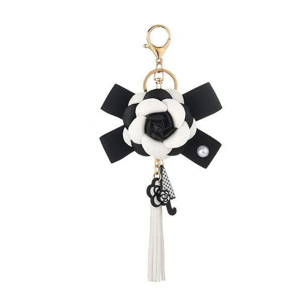 

camellia flower key chains ring jewelry fashion pearl tassel keyrings accessories bag charm car keychains holder for women girls black white, Slivery;golden