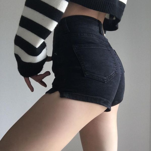 

2020 european and american retro high waist peach buttocks small split bag hips thin slim denim shorts, Blue