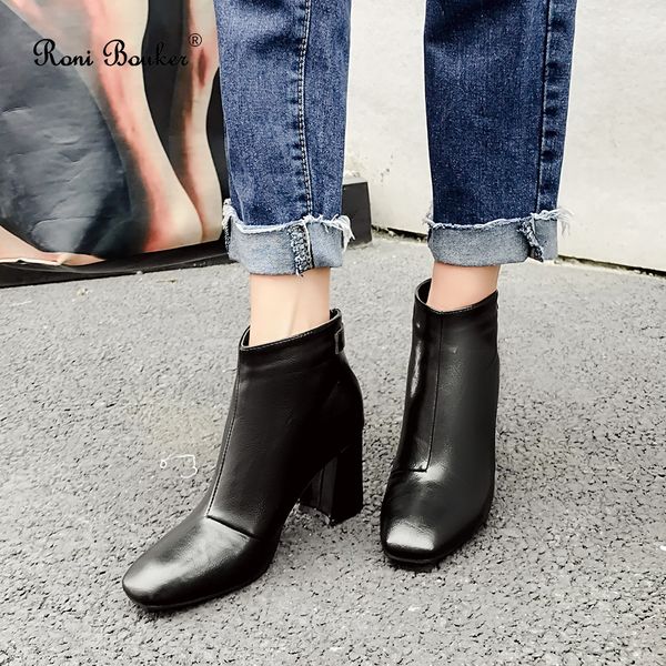 

roni bouker black brown leather footwear ankle boots women rubber riding feminine shoes woman square toe high heels zip booties