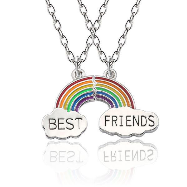 

new fashion 2 pieces / set of rainbow pendant necklace stitching friend style necklace bff silver chain good friend's gift