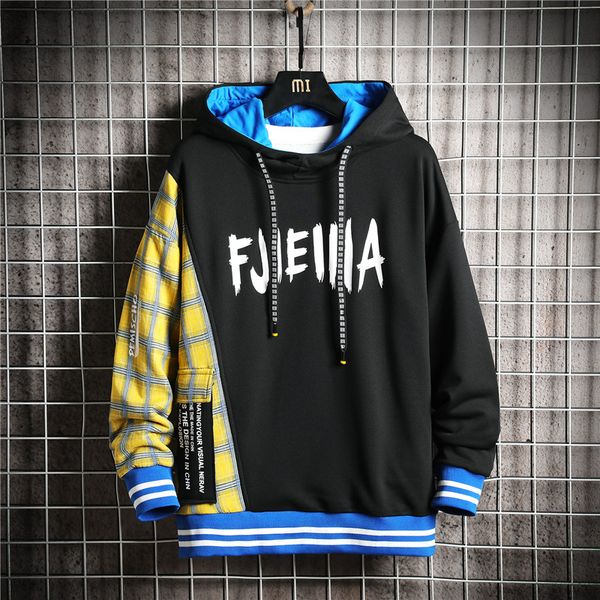 

japan style casual o-neck 2020 spring autumn print hoodie sweatshirt men's thick fleece hip hop high streetwear clothes, Black