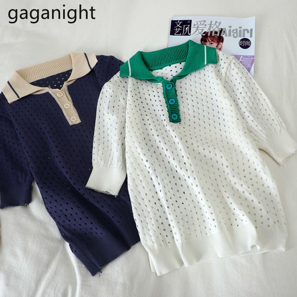 

gaganight hollow out knitted t shirt women casual chic summer short sleeve turn down collar tshirt female 2020 tees fashion, White