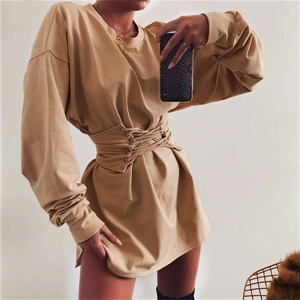 

autumn winter women dress solid o-neck bandage long sleeved loose mini dress casual evening party elegant vestidos mujer, Black;gray
