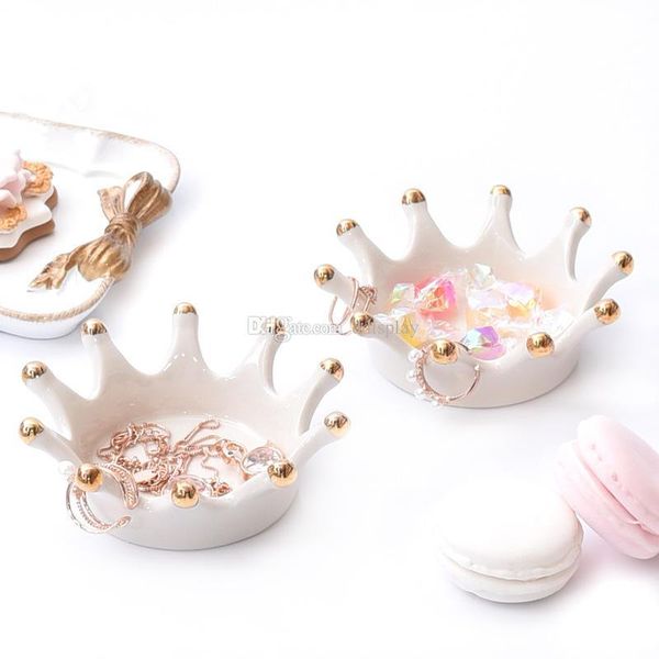 

ddisplay]porcelain white crown ring jewelry tray personalized bracelet organizer case little girls necklace glamour earrings display holder, Golden;white